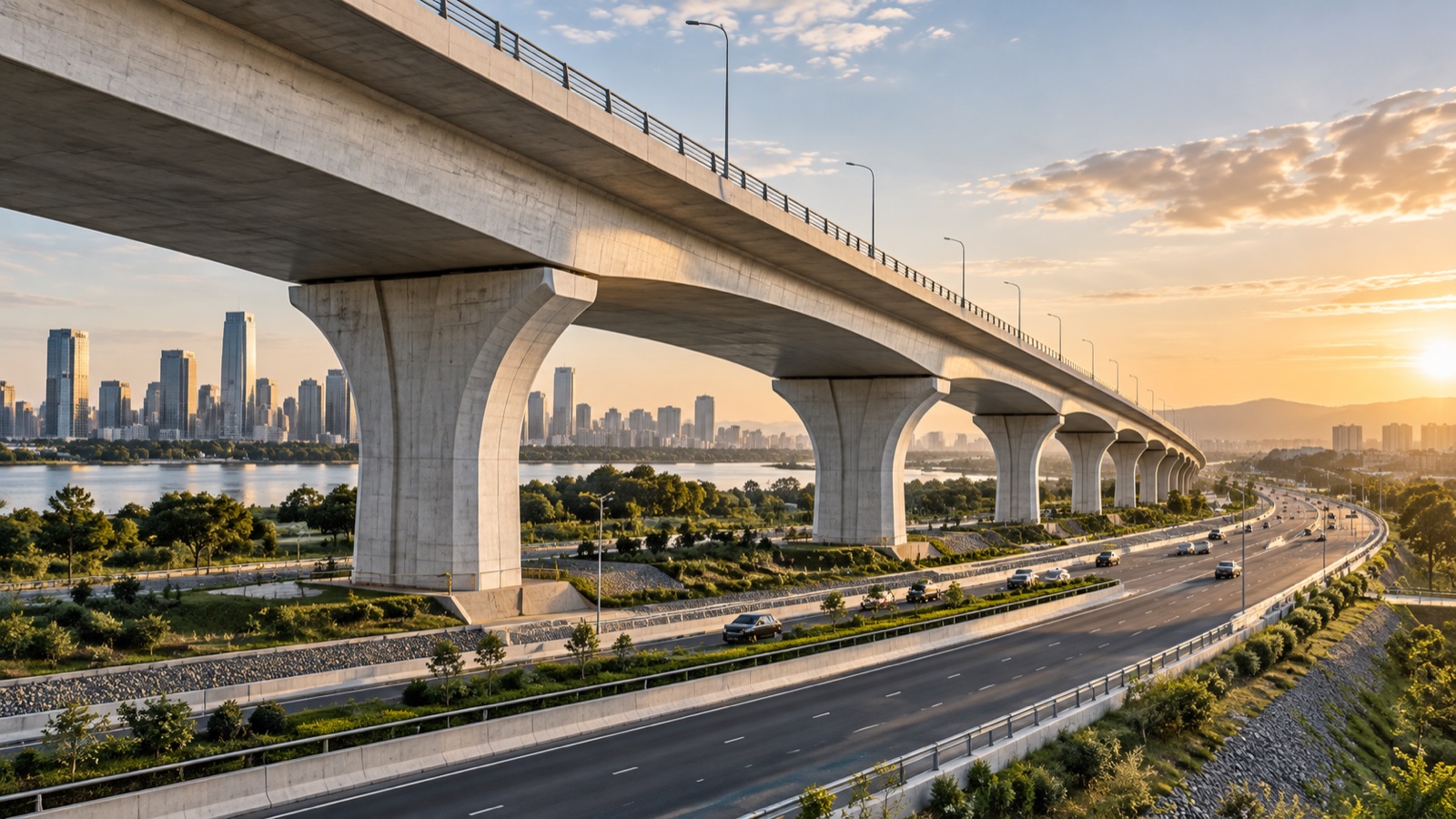 Modern bridge and roadway infrastructure representing Bouhabib Holding civil works